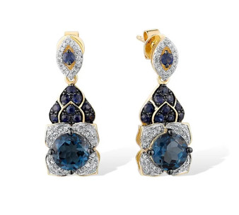 london blue topaz sapphire designer 14k yellow gold drop earrings front