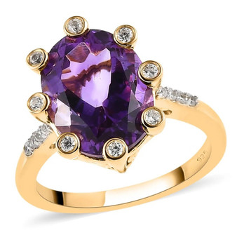 natural amethyst and white zircon crown ring in 18k yellow gold over sterling silver