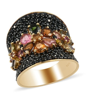 multi tourmaline and black spinel cluster wide band ring in yellow gold over sterling silver front