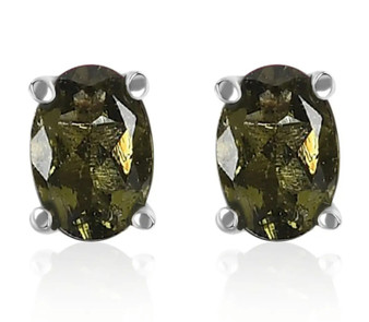 6x4mm oval moldavite stud earrings in rhodium over sterling silver