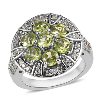 natural peridot and white zircon cluster ring in rhodium over sterling silver