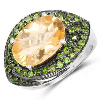 citrine and chrome diopside oval statement ring in rhodium over sterling silver