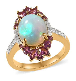 ethiopian opal rhodolite garnet and zircon 18k yellow gold over sterling silver halo ring