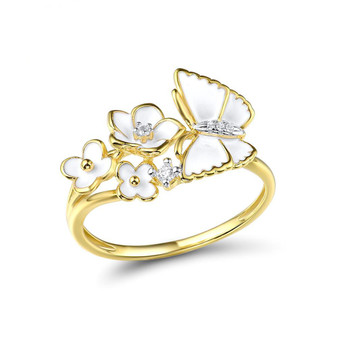 white cubic zirconia and white enamel butterfly ring in 18k yellow gold over 925 sterling silver