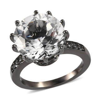 natural white topaz round solitaire ring in black rhodium over sterling silver