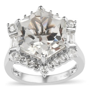 hexagon white topaz halo ring in rhodium over sterling silver