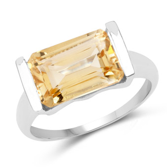 citrine emerald cut solitaire ring in rhodium over sterling silver