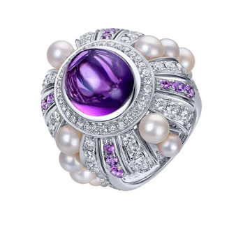 amethyst and freshwater pearl diamond 14k white gold cocktail ring front