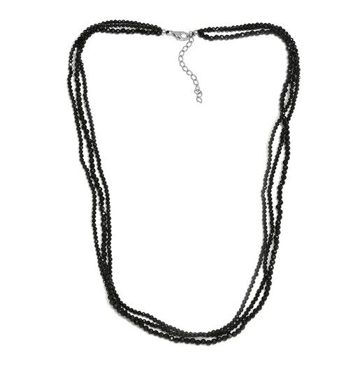 front view of black spinel rondelle beaded triple strand 20" necklace in rhodium over sterling silver