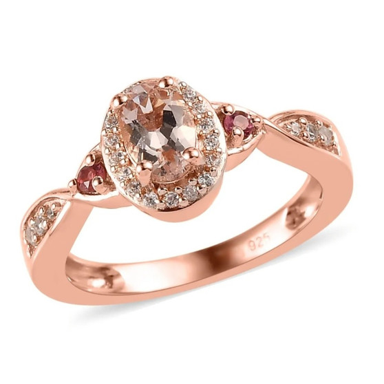 morganite pink tourmaline and white zircon womens wedding ring in 18k rose gold over sterling silver
