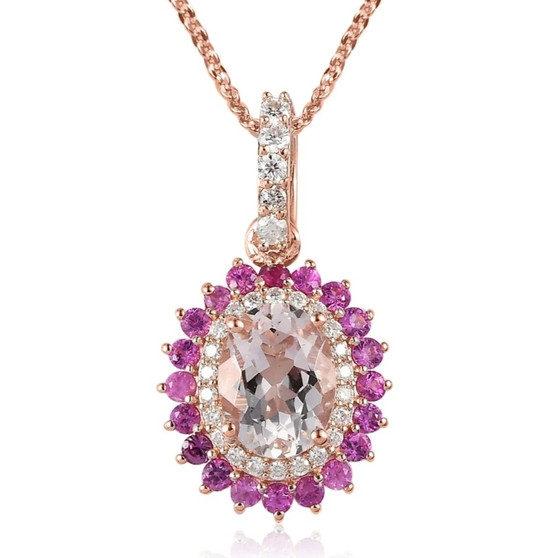 morganite pink sapphire and moissanite necklace in 18k rose gold over sterling silver