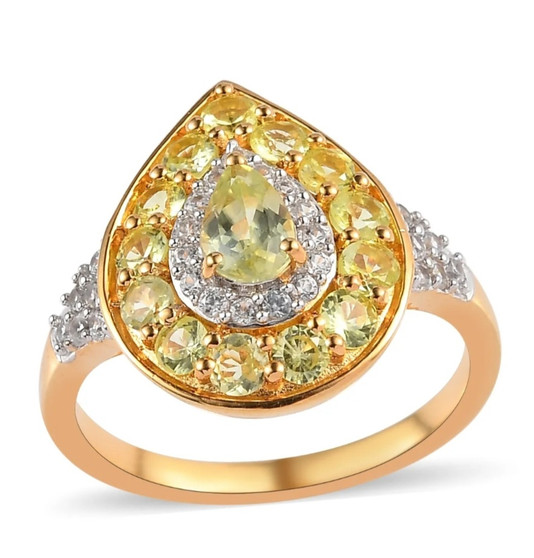chrysoberyl and white zircon pear halo ring in 18k yellow gold over sterling silver