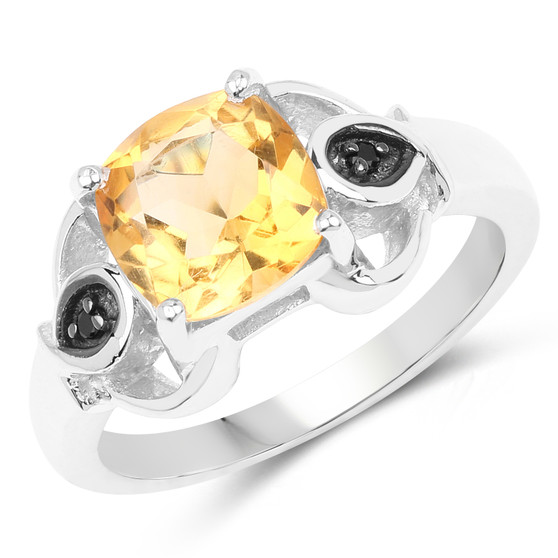 citrine and black spinel cushion ring in rhodium over sterling silver