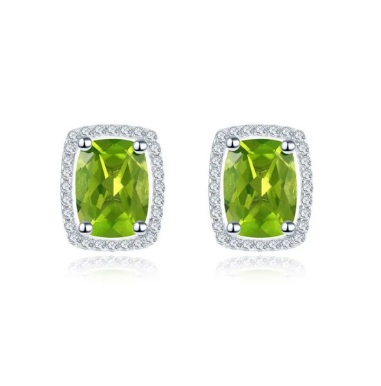 peridot and zircon rectangle cushion halo stud earrings in rhodium over sterling silver