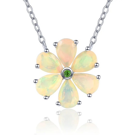 ethiopian opal and chrome diopside flower necklace in rhodium over sterling silver
