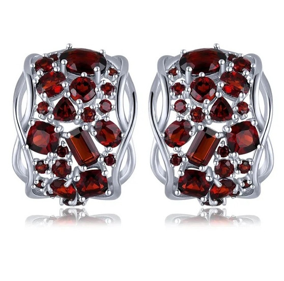 back view of garnet or sky blue topaz cluster omega back earrings in rhodium over sterling silver