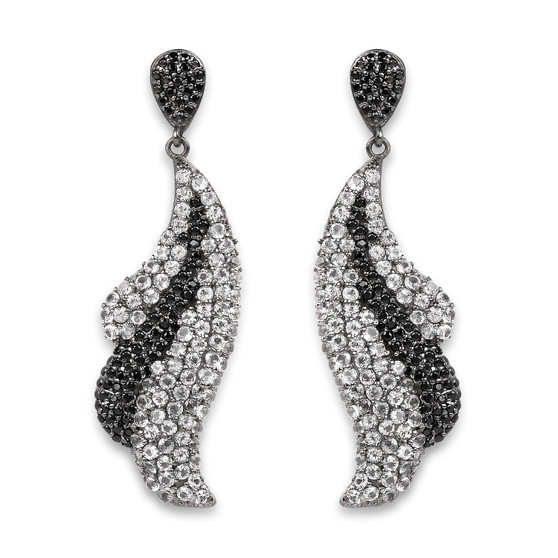 white topaz and black spinel leaf drop earrings in black rhodium over sterling silver
