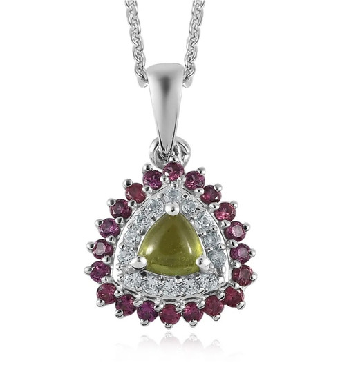 vesuvianite rhodolite and zircon double halo pendant necklace in rhodium over sterling
