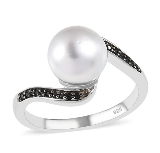 white south sea pearl and black spinel bypass ring in rhodium over sterling silver