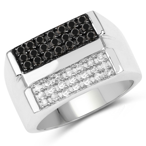 black and white diamond geometric band ring in black and white rhodium over sterling silver