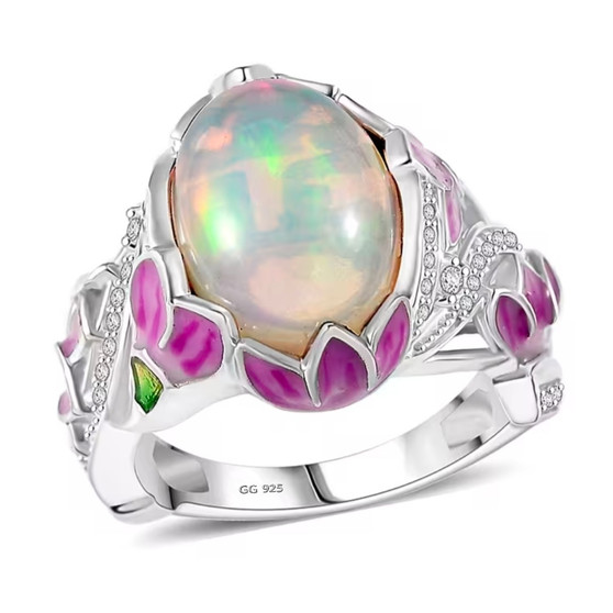 front view of ethiopian opal and white zircon lotus flowering enamel ring in rhodium over sterling silver