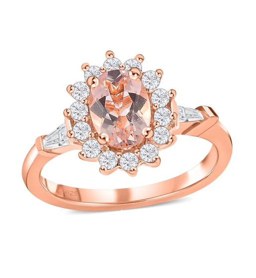 morganite and white zircon halo ring in 18k rose gold over sterling silver