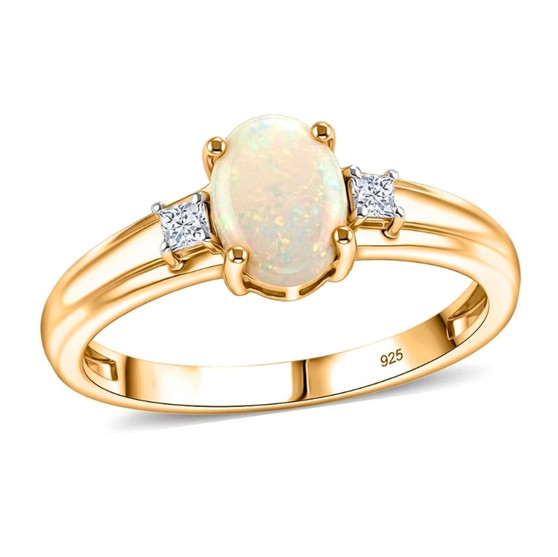 australian white opal and moissanite three stone ring in 18k vermeil yellow gold over sterling silver front
