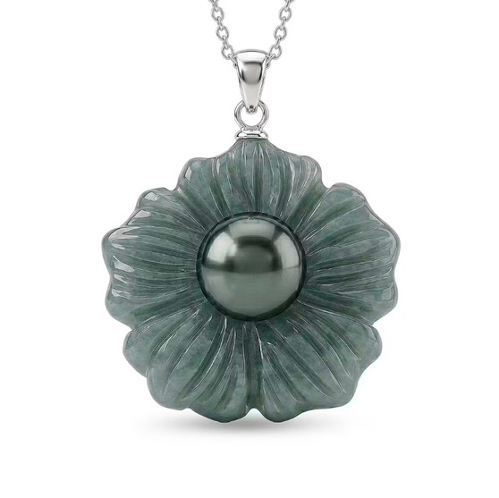 front view of tahitian pearl and guatemalan jadeite carved flower pendant necklace with rhodium over sterling silver