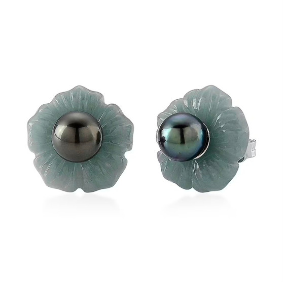 tahitian pearl and guatemalan jadeite jade carved flower earrings with rhodium over sterling silver front