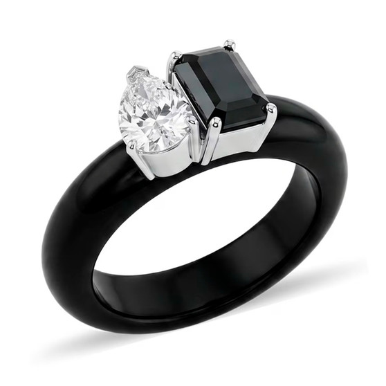 black and white moissanite black jadeite toi et moi ring in rhodium over sterling silver front