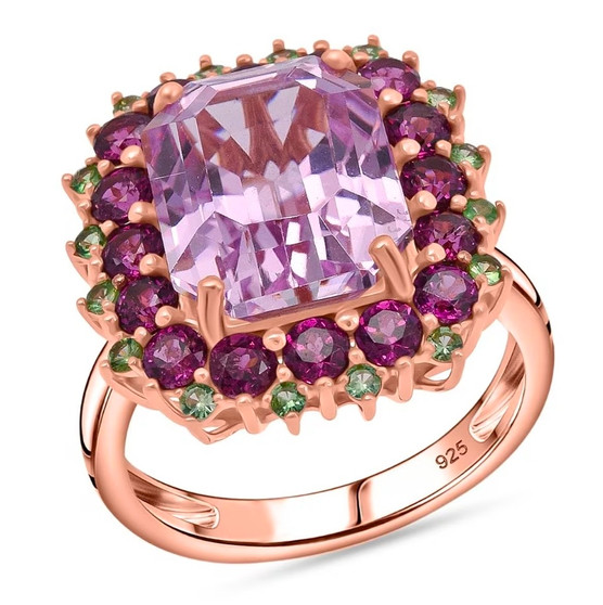 kunzite rhodolite and tsavorite garnet double halo ring in 18k vermeil rose gold over sterling silver front