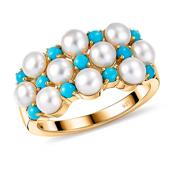 white freshwater pearl and sleeping beauty turquoise cluster ring in 18k vermeil yellow gold over sterling silver front