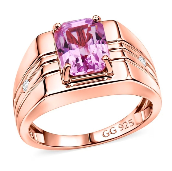kunzite and lab grown diamond mens ring in 18k vermeil rose gold over sterling silver front