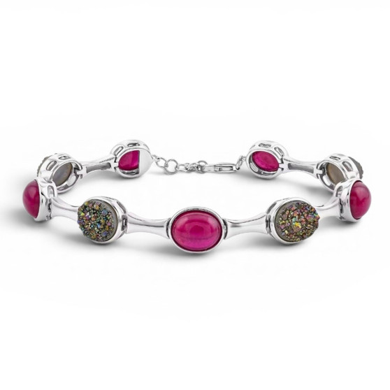 front view of ruby (ff) and druzy quartz adjustable tennis bracelet in rhodium over sterling silver