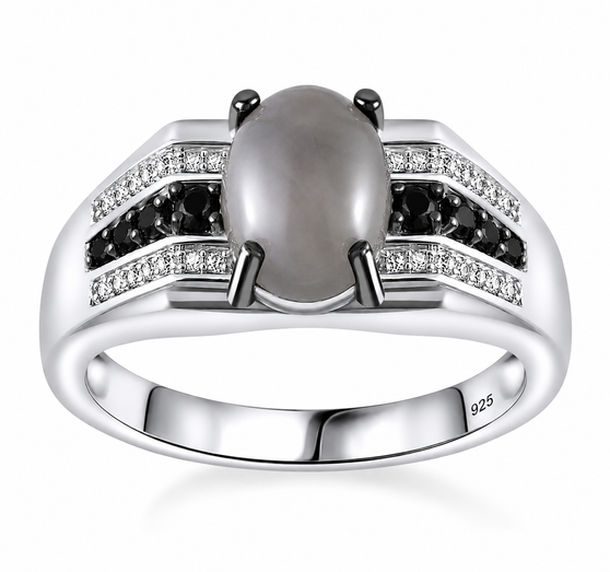 front view of gray moonstone black spinel and zircon gents ring in rhodium over sterling silver
