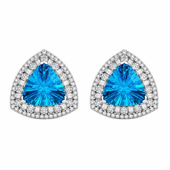 fancy cut trillion swiss blue topaz and moissanite halo stud earring in rhodium over sterling silver front