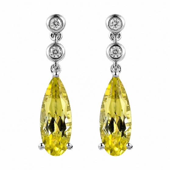 front view of lemon quartz and white zircon dangle earrings in rhodium over sterling silver