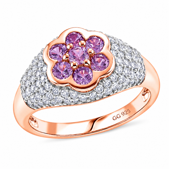 purple spinel and moissanite floral cluster ring in 18k vermeil rose gold and rhodium over sterling silver front
