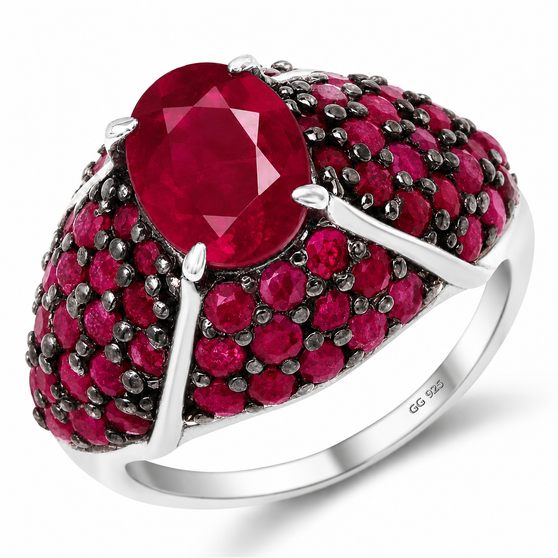 fissure filled ruby cocktail cluster ring in white and black rhodium over sterling silver angled front