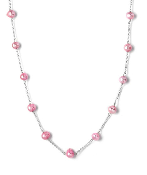 front view of pink freshwater pearl necklace in rhodium over sterling silver