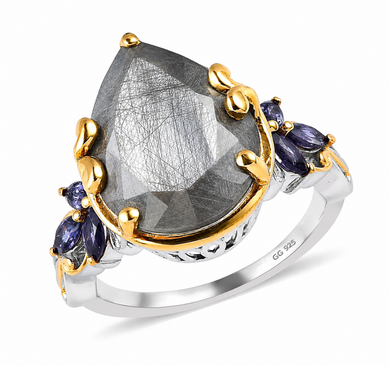silver sheen sapphire and iolite ring in two tone 18k vermeil and rhodium over sterling silver front