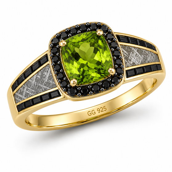 peridot with meteorite inlay and black spinel halo ring in 18k vermeil yellow gold and black rhodium prong tips over sterling silver front