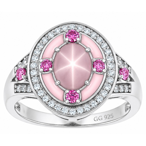 star rose quartz pink sapphire conch shell inlay and white zircon halo ring in rhodium over sterling silver front