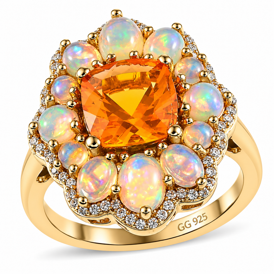 fired opal ethiopian opal and white zircon double halo ring in 18k vermeil yellow gold over sterling silver front