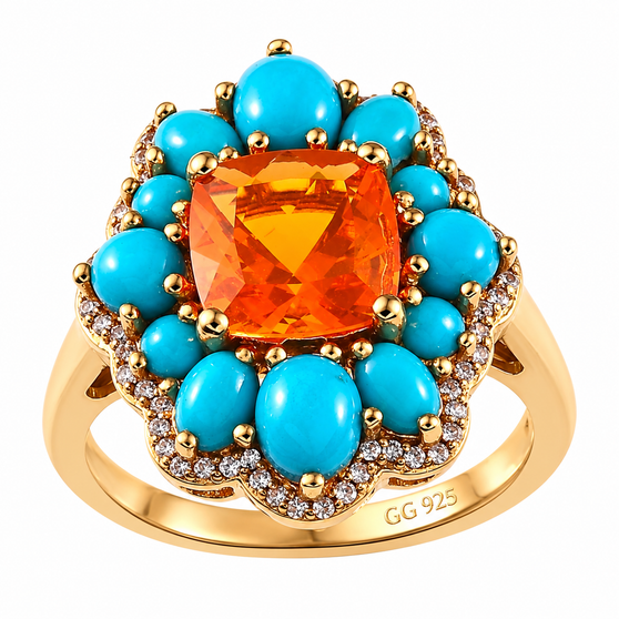 fire opal turquoise and white zircon double halo ring in 18k vermeil yellow gold over sterling silver front