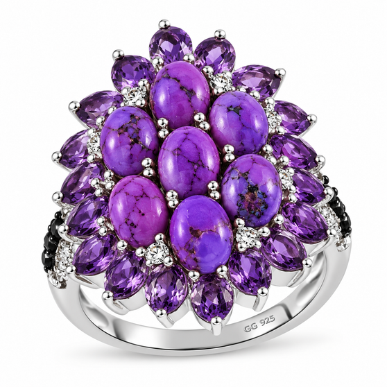 purple turquoise amethyst black spinel and white zircon cluster ring in rhodium over sterling silver front