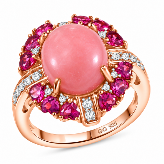 peruvian pink opal rhodolite garnet and white zircon ring in 18k rose gold over sterling silver