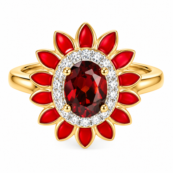 red and white zircon flower ring with red enamel in 18k vermeil yellow gold over sterling silver front