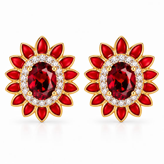 red and white zircon with red enamel floral stud earring in 18k vermeil yellow gold over sterling silver front