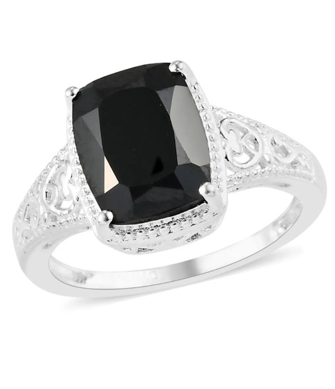 black tourmaline ring in rhodium over sterling silver